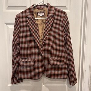 VTG Merona Womens Plaid Blazer Jacket Size 10 Burgundy Tan Blue Dark Academia